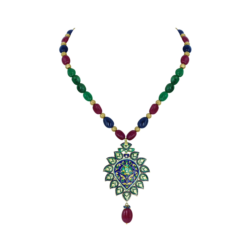 Gemstone Bead Necklace with Polki Meenakari Pendant and Ruby Drop